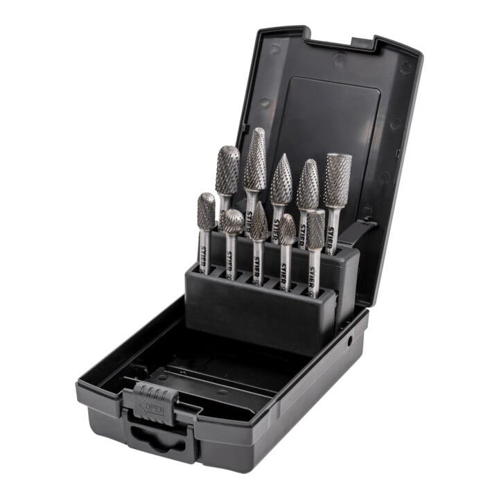 STIER Set de fraises HM 10 pièces + meuleuse à tige 188 mm