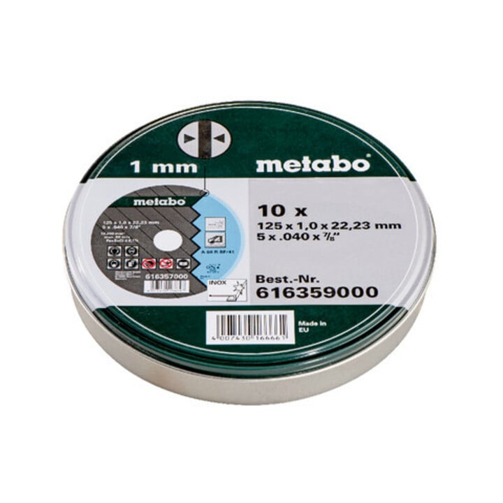 Jeu de 10 meules de tronçonnage Metabo SP 125 x 1,0 x 22,23 Inox, dans une boîte en fer