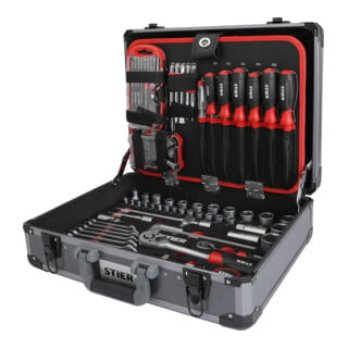 Jeu de 144 outils universels STIER dans une valise en aluminium