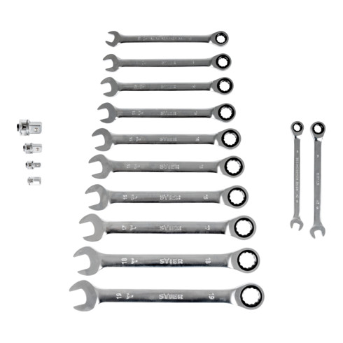 Jeu de 16 clés plates à cliquet STIER KraftSpezial, ouv. 8 - 19 mm, en coffret plastique