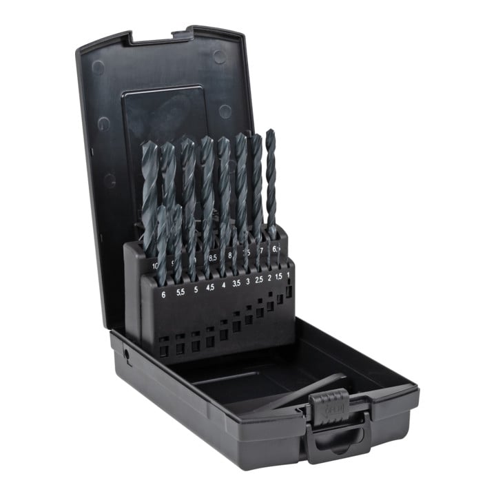 Jeu de 19 forets hélicoïdaux STIER Basic DIN 338 HSS-R 1-10 mm en coffret
