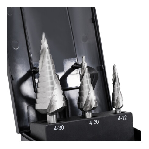 Jeu de 3 forets étagés STIER HSS-Co5 en coffret 4-12, 4-20, 4-30 mm