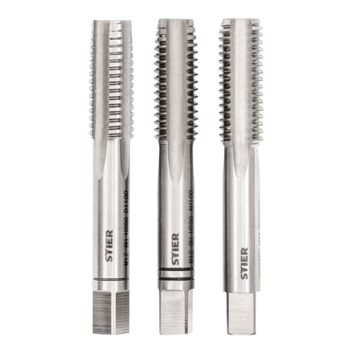 Set Stier STIER Jeu de tarauds manuels 3 pièces DIN 352 HSS-G M 12 + STIER Tourne-à-gauche DIN 1814 n° 2 + STIER Pâte à fileter 100 ml base eau/savon