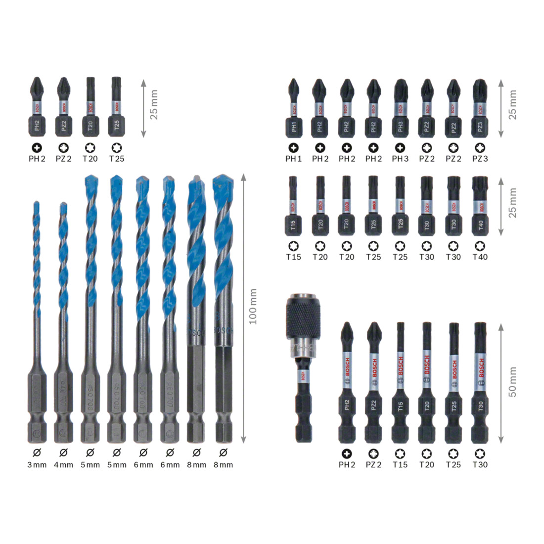 Jeu de 35 embouts et forets Bosch, y compris jeu de couteaux universels