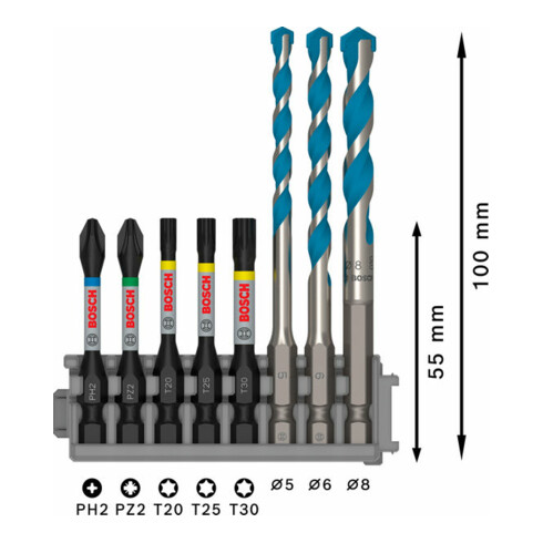 Jeu de 8 embouts de tournevis Bosch Impact Control 8 pièces mélangés à un foret multi-usages