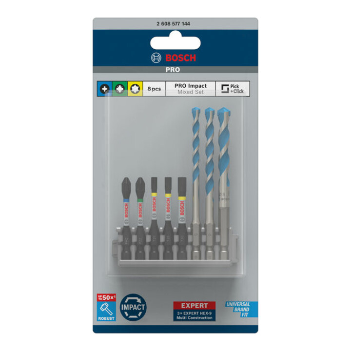 Jeu de 8 embouts de tournevis Bosch Impact Control 8 pièces mélangés à un foret multi-usages