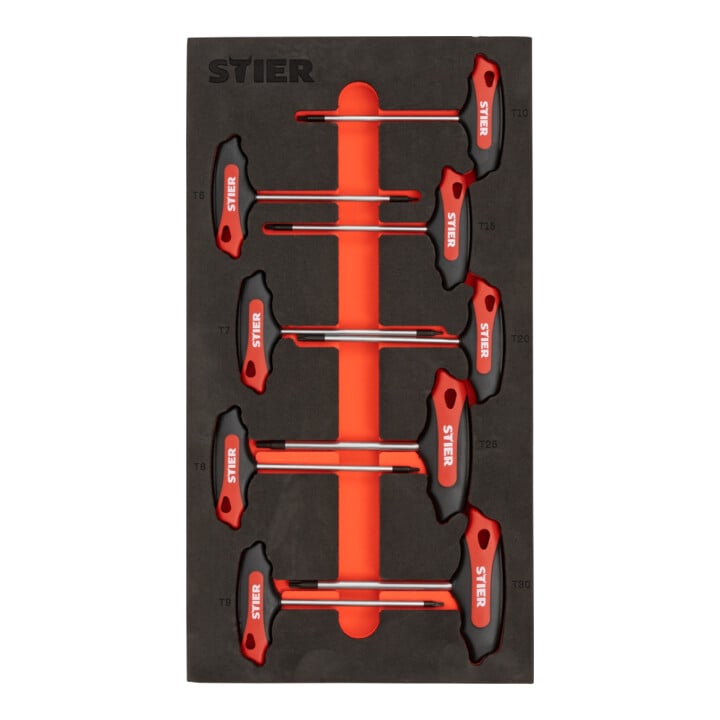 Set STIER Coffret d’outils universel 18 pièces en mousse souple (EVA) + STIER Jeu de tournevis T à empreinte Torx TX15 - TX45 mm 6 pièces en mousse souple (EVA)