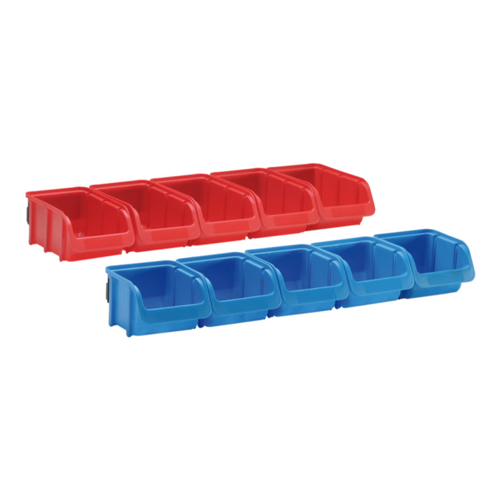 Jeu de bacs, PP, avec 2 rails en plastique 5 x t. 1 bleu, 5 x t. 2 rouges