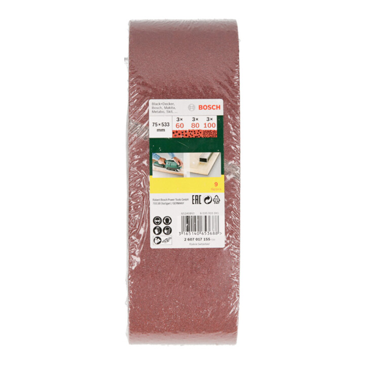 Jeu de bandes abrasives Bosch pour B&D, 9 pièces, 75 x 533 mm, grain 60, 80, 100