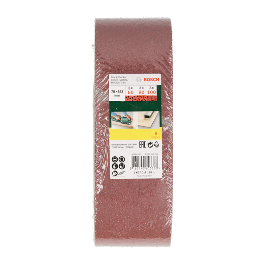 Jeu de bandes abrasives Bosch pour B&D, 9 pièces, 75 x 533 mm, grain 60, 80, 100