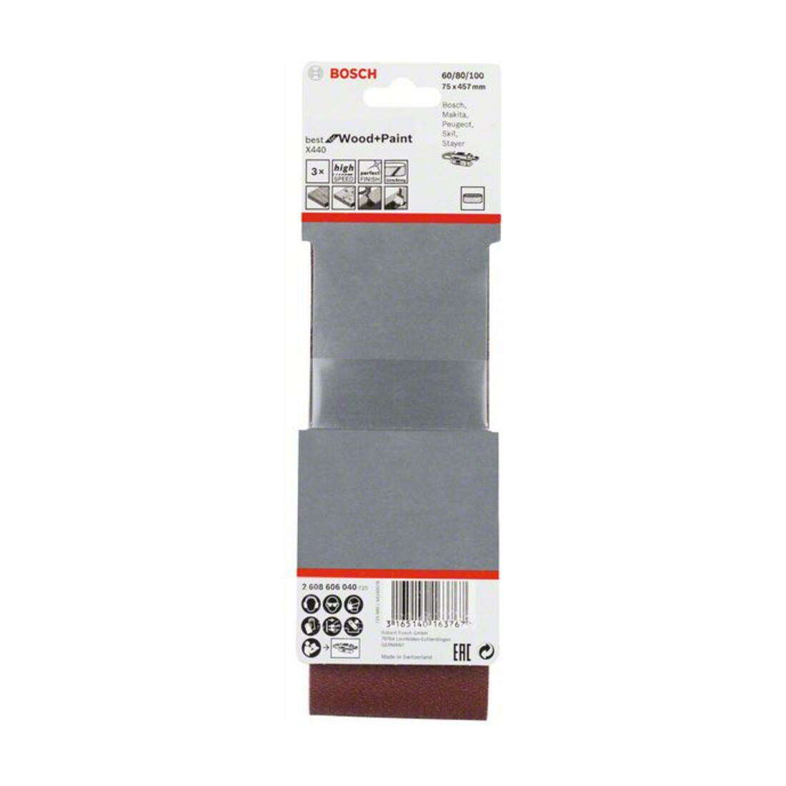Jeu de bandes abrasives Bosch X440 Best for Wood and Paint 3-part 75 x 457 mm 60 80,100