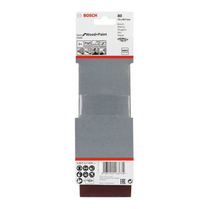 Jeu de bandes abrasives Bosch X440 Best for Wood and Paint 3-part 75 x 457 mm 80