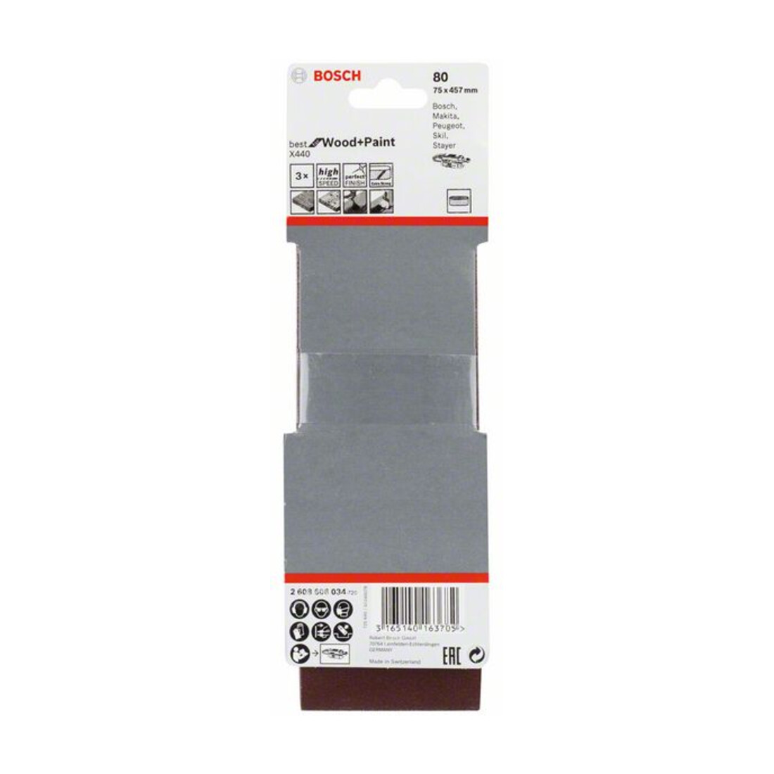 Jeu de bandes abrasives Bosch X440 Best for Wood and Paint 3-part 75 x 457 mm 80