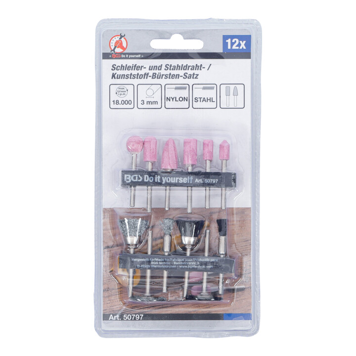 Jeu de brosses à fil d’acier / matière plastique BGS Do it yourself pour meuleuse, 12 pièces