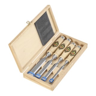Jeu de burins Kirschen, manche en hêtre blanc dans boîte en bois 10 - 16 - 20 - 26 mm