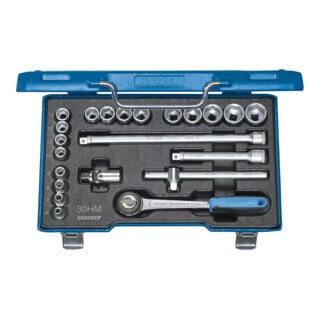 Jeu de clés à douille 30 HMU-10 3/8po. 23pces 6-22mm profil 6 pans av.levier de