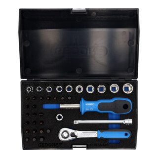 Jeu de clés à douille D 20 KAU-20 1/4po. 37pcs.UD-IN-IS-PH-PZ-TX cliquet révers.
