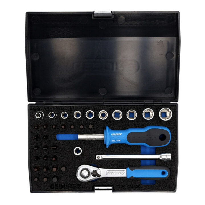 Jeu de clés à douille D 20 KAU-20 1/4po. 37pcs.UD-IN-IS-PH-PZ-TX cliquet révers.
