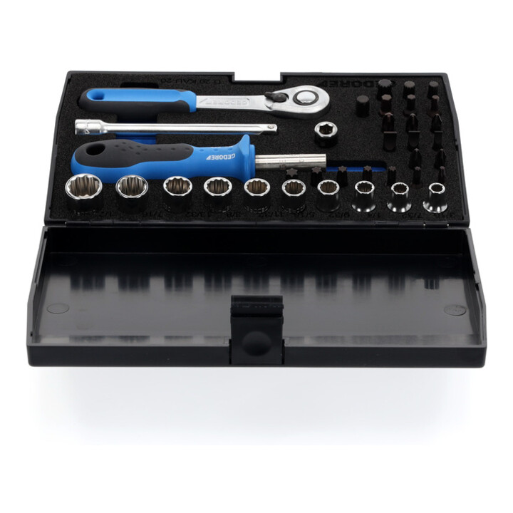 Jeu de clés à douille D 20 KAU-20 1/4po. 37pcs.UD-IN-IS-PH-PZ-TX cliquet révers.