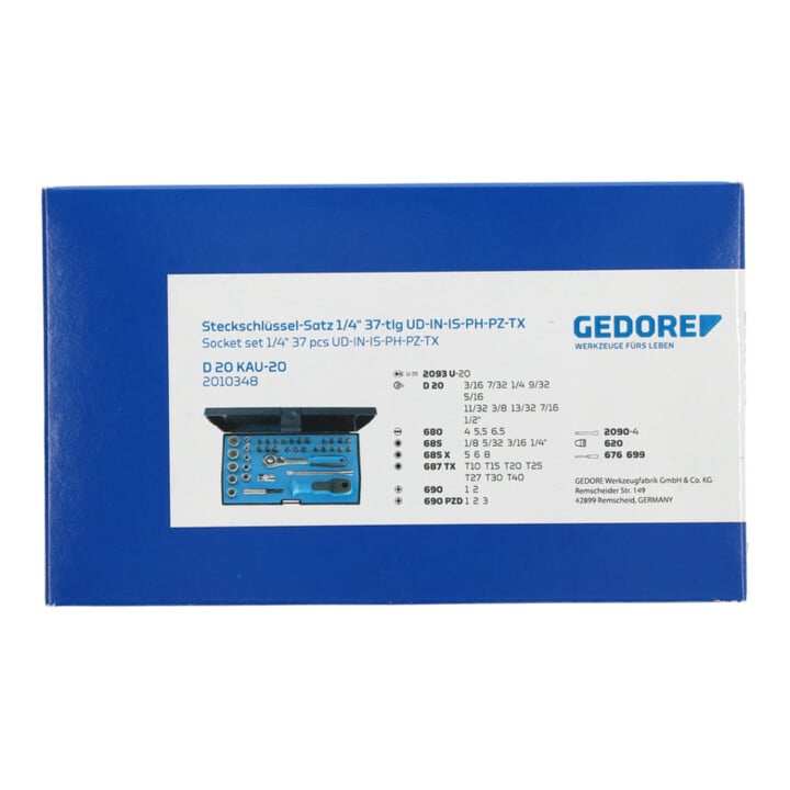 Jeu de clés à douille D 20 KAU-20 1/4po. 37pcs.UD-IN-IS-PH-PZ-TX cliquet révers.