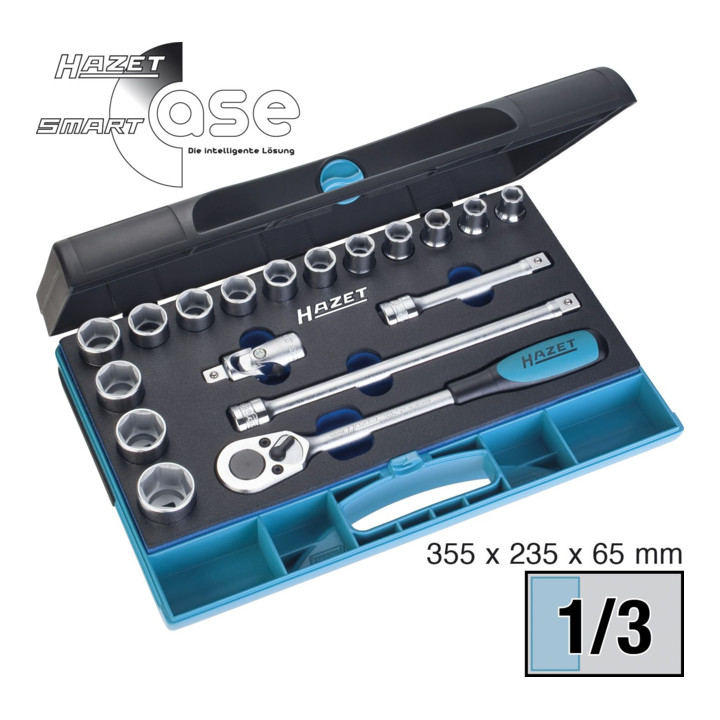Jeu de clés à douilles 932/18 ∙ Carré creux 12,5 mm (1/2 pouce) ∙ Profil Traction à 6 pans extérieurs ∙ Nombre d'outils : 18 HAZET