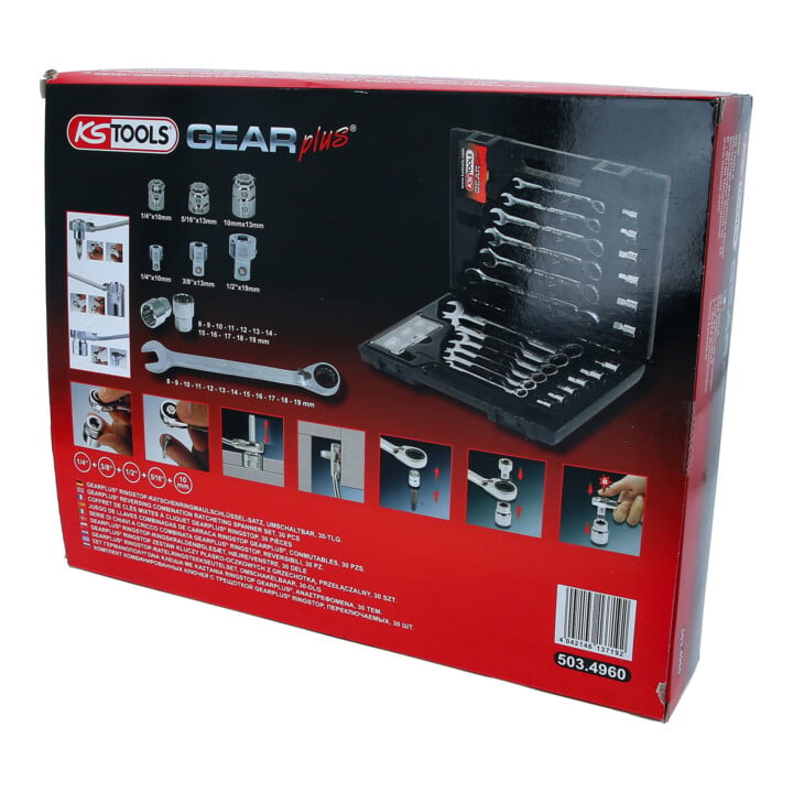 Jeu de clés mixtes à cliquet KS Tools GEARplus RINGSTOP 30 pièces avec adaptateurs