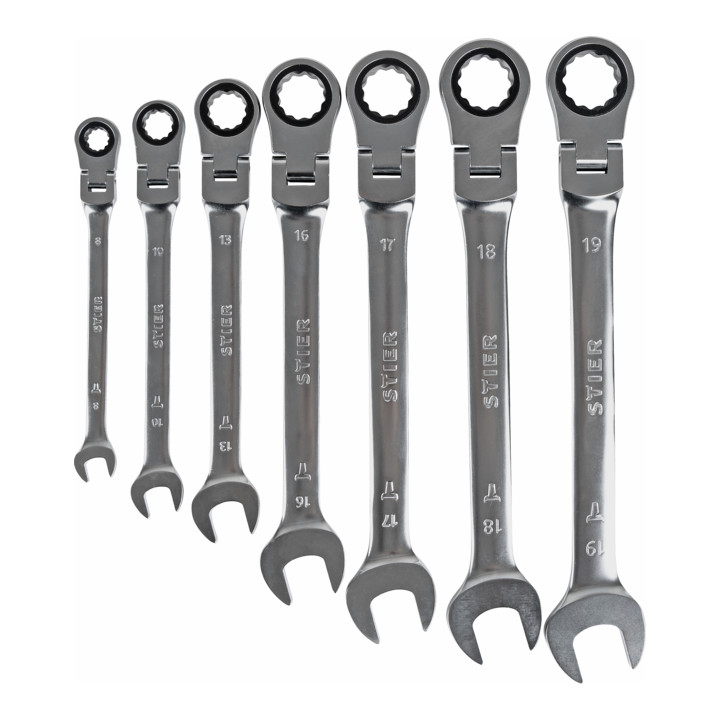 Jeu de clés mixtes à cliquet STIER avec articulation, ouv. 8 à 19 mm, 7 pièces