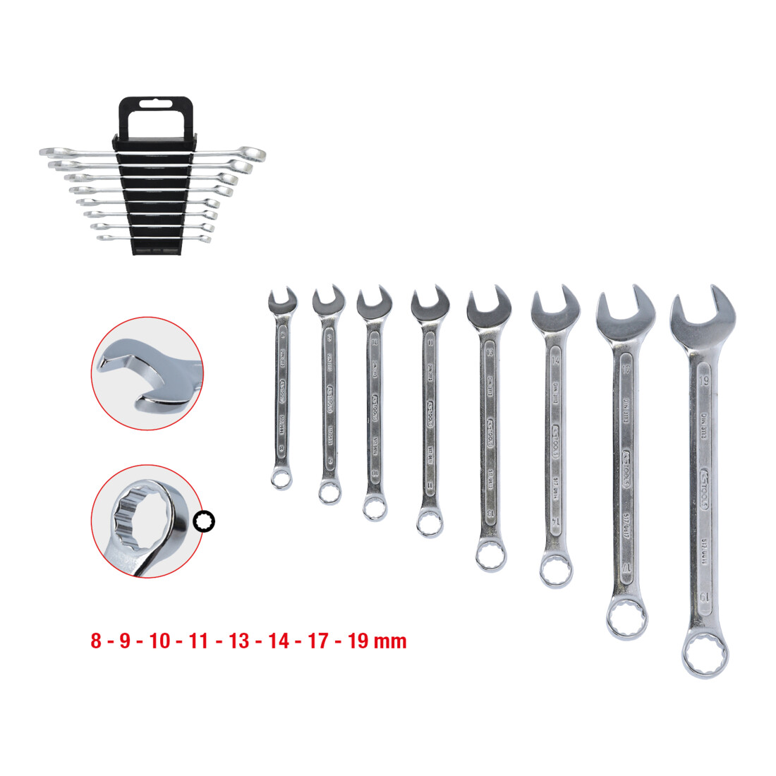 Jeu de clés mixtes coudées, 8 pcs. 8-19mm