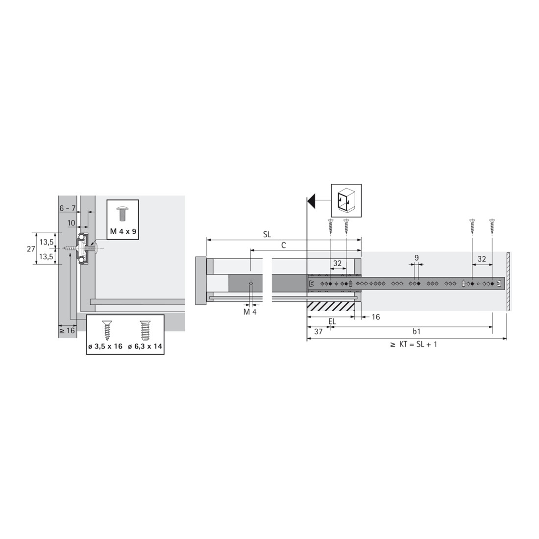 Jeu de coulisses Hettich KA 270 pour tiroir 350-550mm, acier galvanisé, 350mm