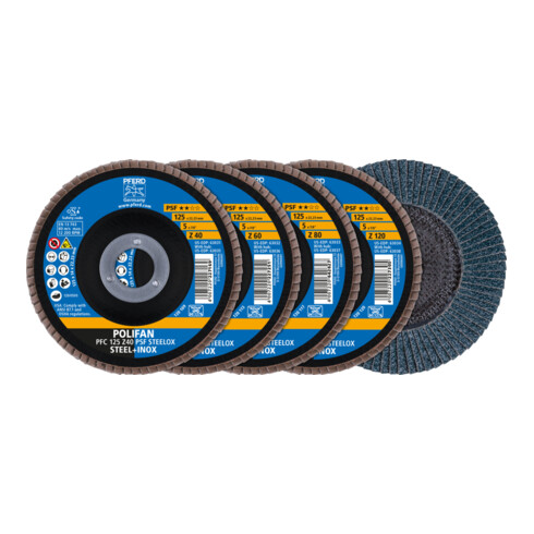 Jeu de disques à lamelles PFERD POLIFAN PFC 125 coniques Z40/60/80/120 PSF STEELOX pour acier/acier inoxydable