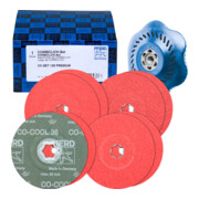 Jeu de disques fibre PFERD COMBICLICK grain céramique diamètre 125mm CO-COOL 36, 60, 80, 120 avec plateau-support CC-H-GT pour inox