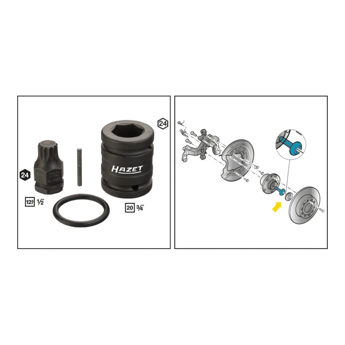Jeu de douilles à chocs 2549-18/4 ∙ Carré creux 20 mm (3/4 pouce) ∙ Profil denture multiple intérieur XZN ∙ Nombre d'outils : 4 HAZET