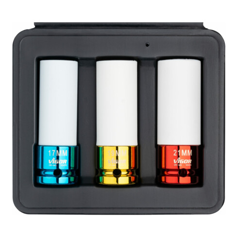 VIGOR Clé à chocs jeu de douilles V2522 carré creux 12,5 mm (1/2 pouce) profil hexagonal extérieur 3 pièces