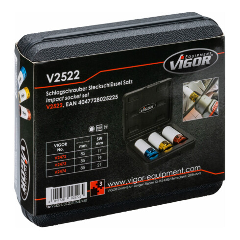 VIGOR Clé à chocs jeu de douilles V2522 carré creux 12,5 mm (1/2 pouce) profil hexagonal extérieur 3 pièces