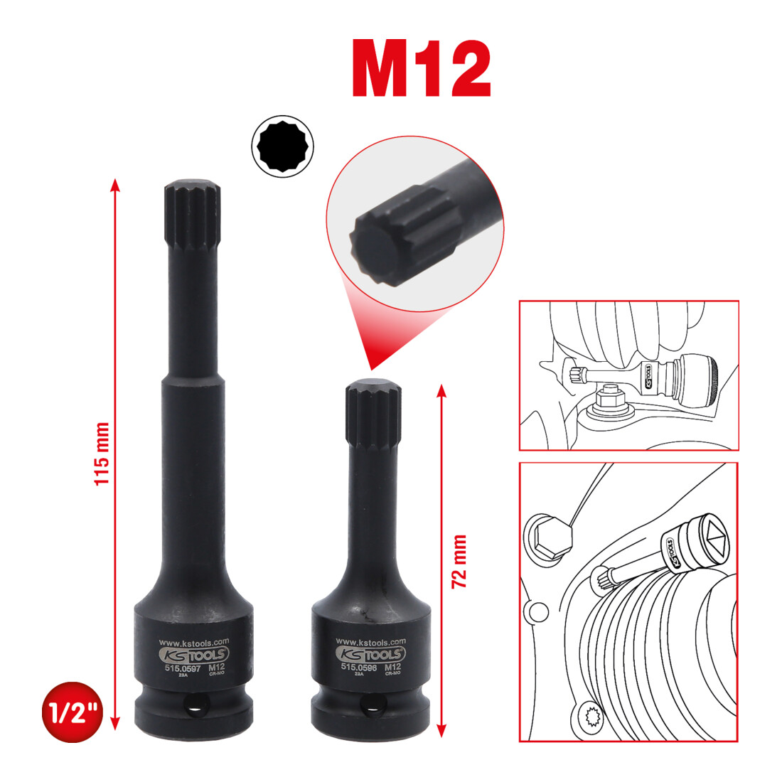 Jeu de douilles à chocs spéciales KS Tools 1/2" XZN, 2 pcs