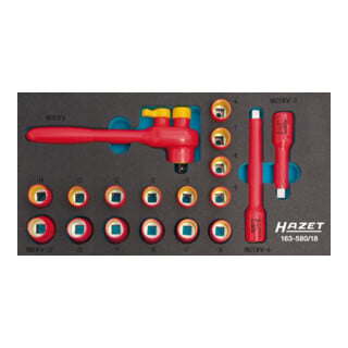 Jeu de douilles isolées HAZET 163-580/18 carré creux 10 mm (3/8 pouce) extérieur double hexagone traction profil 8 - 22 Nombre d'outils : 18