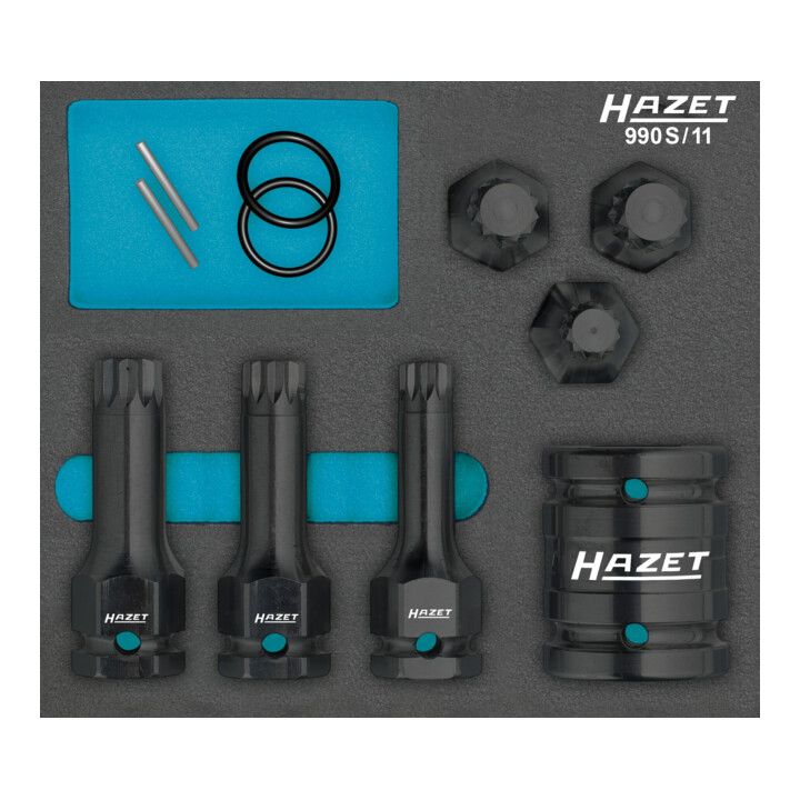 Jeu de douilles mâles à chocs 990S/11 ∙ Carré creux 20 mm (3/4 pouce), Carré creux 12,5 mm (1/2 pouce), 6 pans extérieurs 24 mm ∙ Profil denture multiple intérieur XZN ∙ Nombre d'outils : 11 ∙ M14 ∙ M16 ∙ M18 HAZET