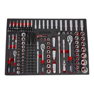 Jeu de douilles STIER 1/4" 3/8" 1/2"  179 pcs dans un plateau en mousse tendre (EVA)