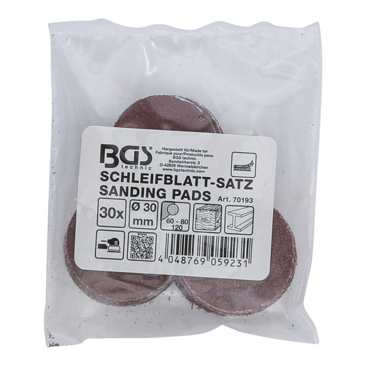 Jeu de feuilles abrasives pour ponçeuse excentrée Ø 30 mm Cal. 60 - 80 - 120 30 pièces BGS