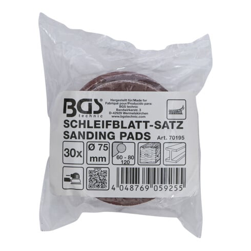 Jeu de feuilles abrasives pour ponçeuse excentrée Ø 75 mm Cal. 60 - 80 - 120 30 pièces BGS