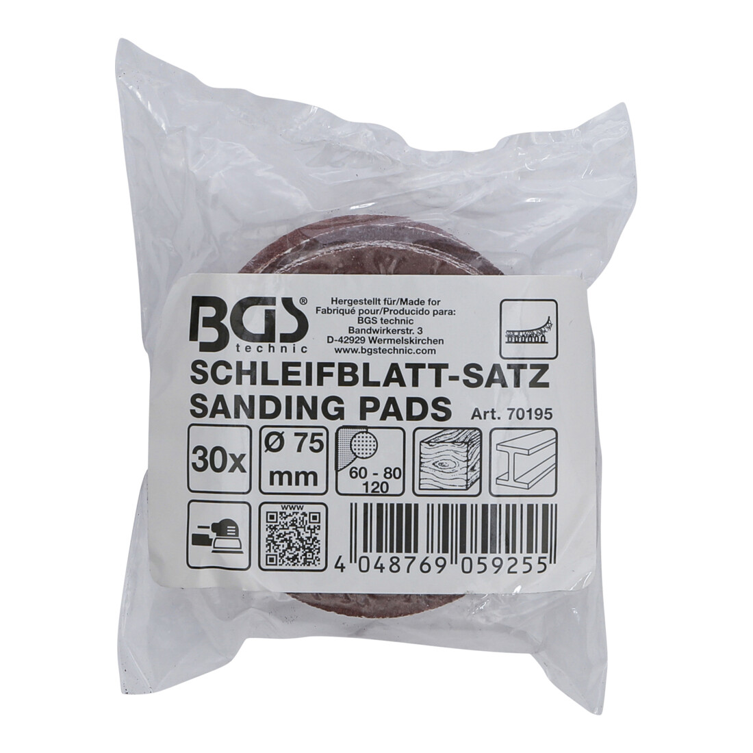 Jeu de feuilles abrasives pour ponçeuse excentrée Ø 75 mm Cal. 60 - 80 - 120 30 pièces BGS