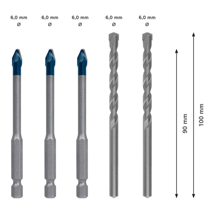 Jeu de forets Bosch Expert Hard Ceramic HEX-9, 6 mm, jeu mixte