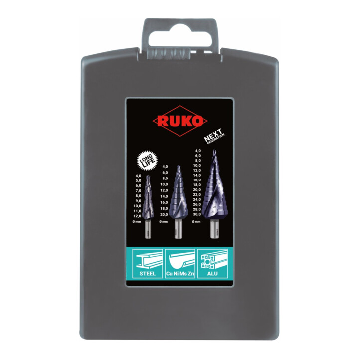 Jeu de forets étagés Ruko HSS-TiAlN en cassette plastique (ABS)