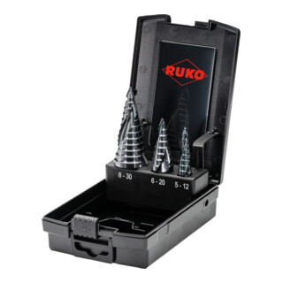 Jeu de forets étagés Ruko ULTIMATECUT avec pointe FLOWSTEP, HSS tailles 0/9, 1, 2 en cassette plastique ABS - 3 pcs.