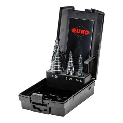 Jeu de forets étagés Ruko ULTIMATECUT avec pointe FLOWSTEP, HSS tailles 0/9, 1, 2 en cassette plastique ABS - 3 pcs.