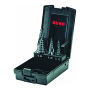 Jeu de forets étagés Ruko ULTIMATECUT avec pointe FLOWSTEP, HSS tailles 0/9, 1, 2 en cassette plastique ABS - 3 pcs.