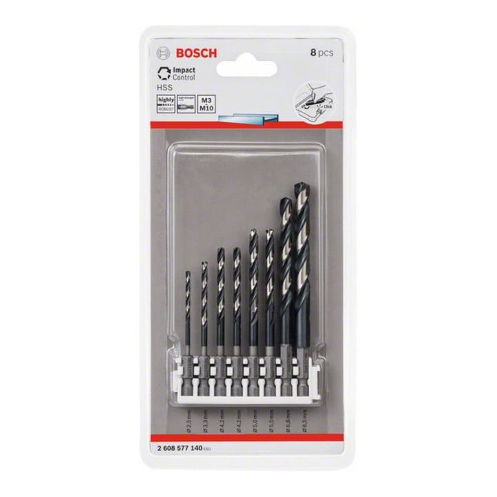 Jeu de forets hélicoïdaux Bosch HSS Twist Drill Control avec tige hexagonale 8 pièces 2,5 - 8,5 mm