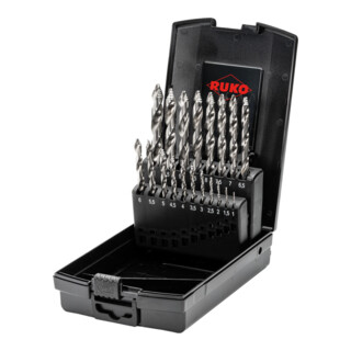 Jeu de forets hélicoïdaux Ruko ULTIMATECUT DIN 338 type FLOWSTEP pointe, HSS-G en cassette plastique ABS - 19 pcs.