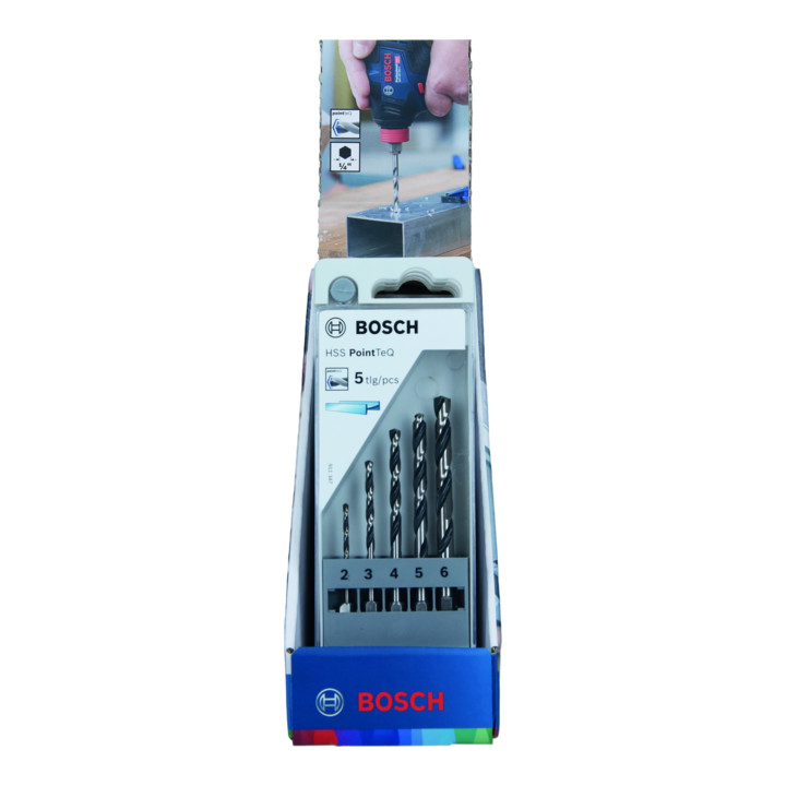 Jeu de forets hexagonaux HSS PointTeQ Bosch en présentoir de comptoir, 2-6 mm