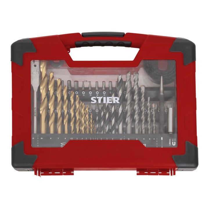 Makita Akku-Bohrschrauber 18V, 1800 U/min, ohne Akku + STIER TiN-Bohrer-, Säge- und Bit-Set 100-teilig